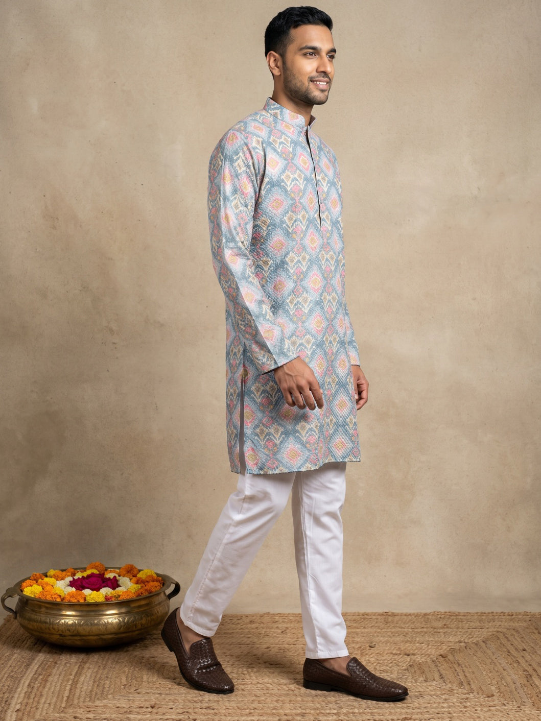 Printed & Thread Work Kurta Pyjama Set ( 65KP W T 5641 Blue )