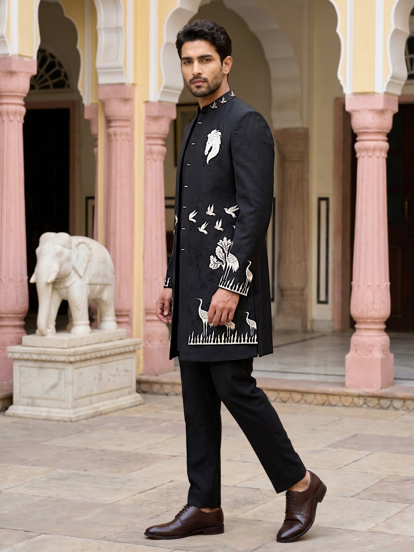 Silk Blend Horse & Crane Embroidered Indo-Western Set