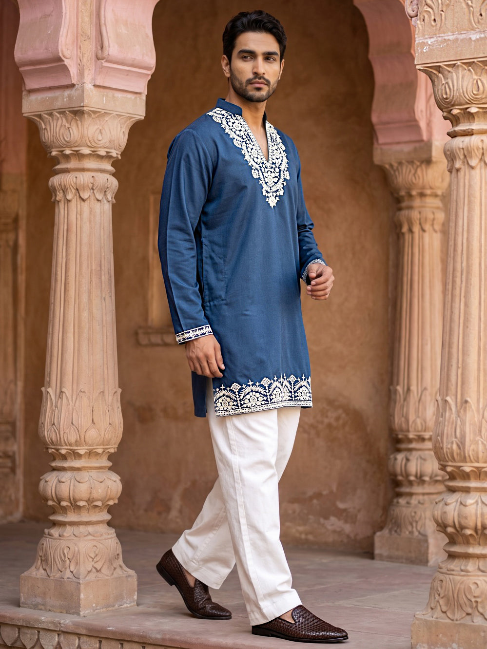 Cotton Blend Embroidered Kurta with Korean Pants ( 65KP PJ11W B 5634 Peacock )