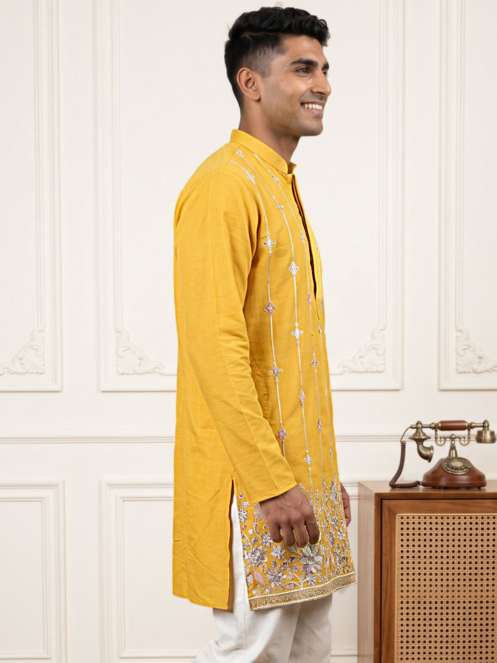 Men's Silk-Blend Embroidered Kurta ( 65KO 5637 Mustard )