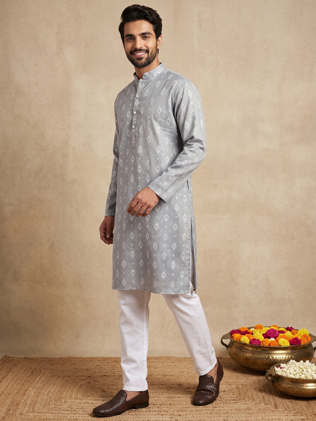 Men's Foil Print Traditional Kurta Pyjama ( 65KP W F 5630 Grey )