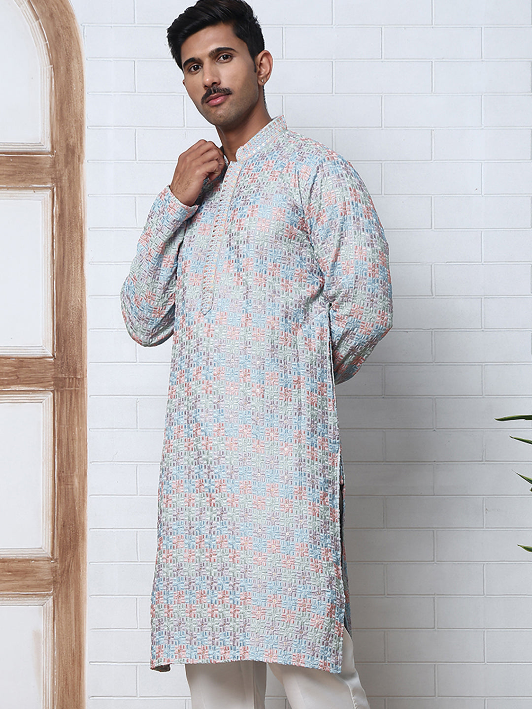 Viscose Rayon Self-Design Embroidered Kurtas ( ANMKO 278Blue )  [RT] [M-6]