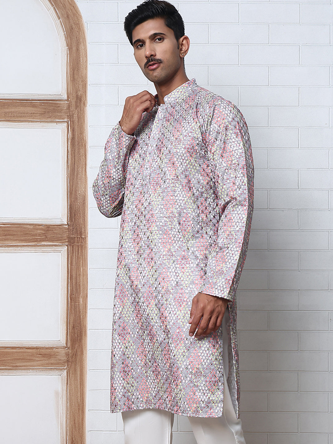 Men's Festive Sequins & Thread Work Kurtas ( ANMKO 288Grey )  [RT] [C-3]
