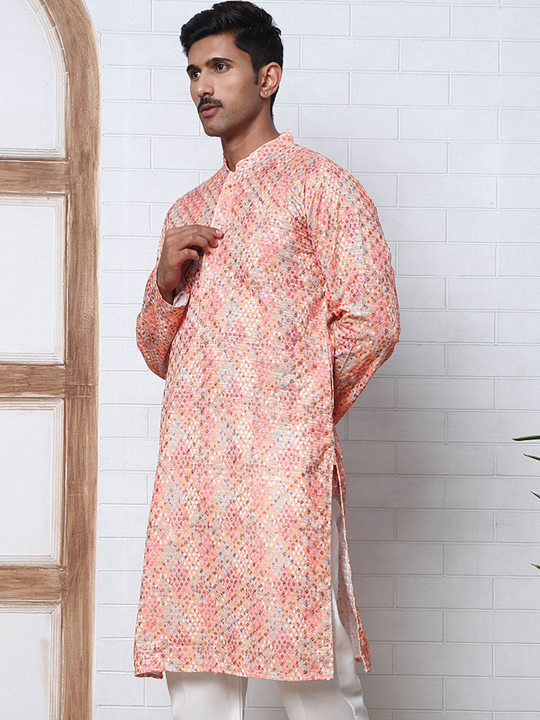 Men's Festive Sequins & Thread Work Kurtas ( ANMKO 288Peach )  [RT] [C-3]