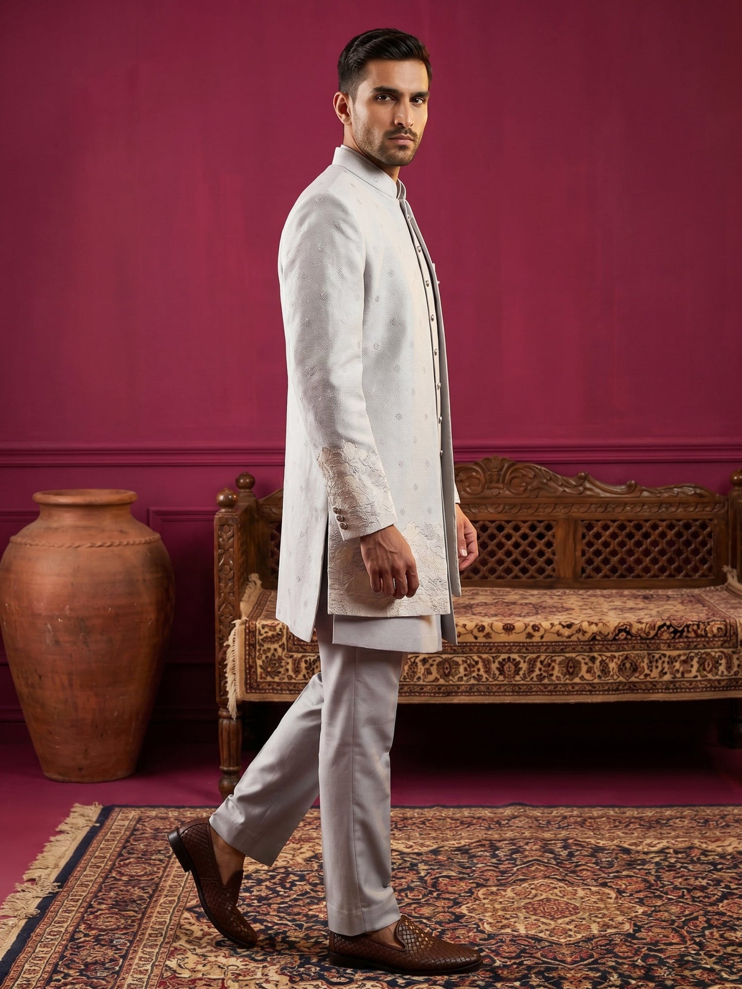 Floral Design Jacquard Silk Indo-Western Set for Men