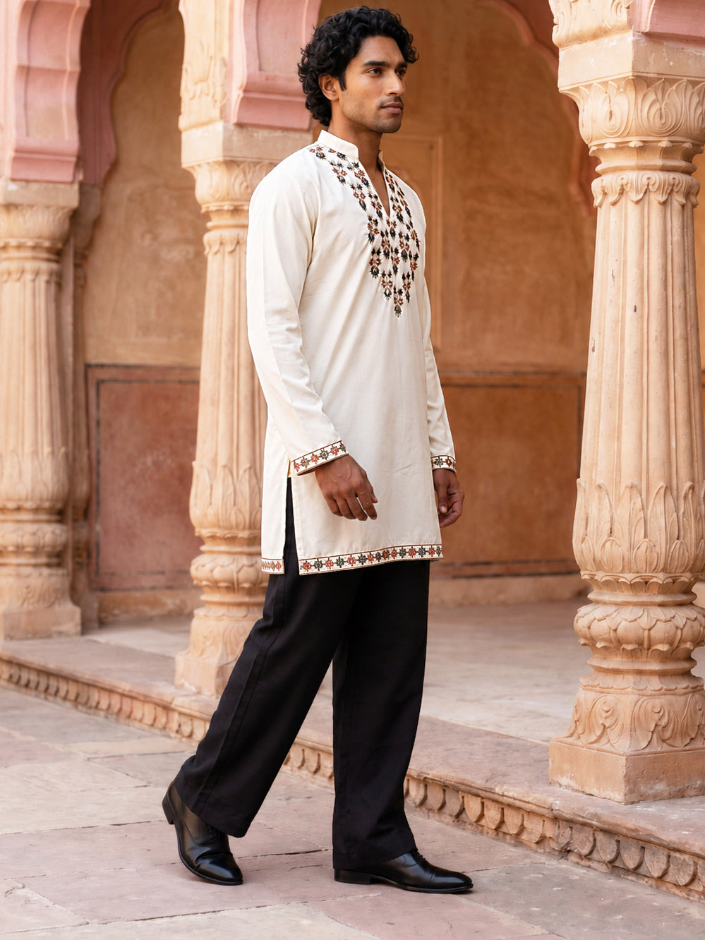 Japanese Fabric Designer Embroidered Kurta With Korean Pants ( 65KP PJ11B F 5633 White )