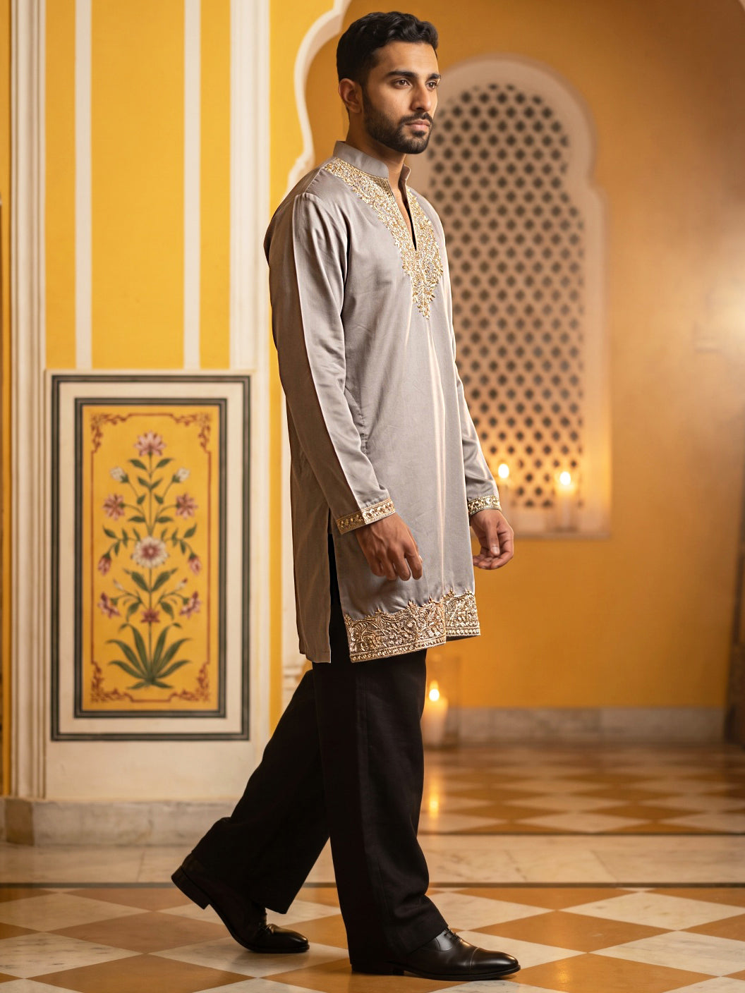 Cotton Blend Embroidered Kurta with Korean Pants ( 65KP PJ11B B 5634 Brown )