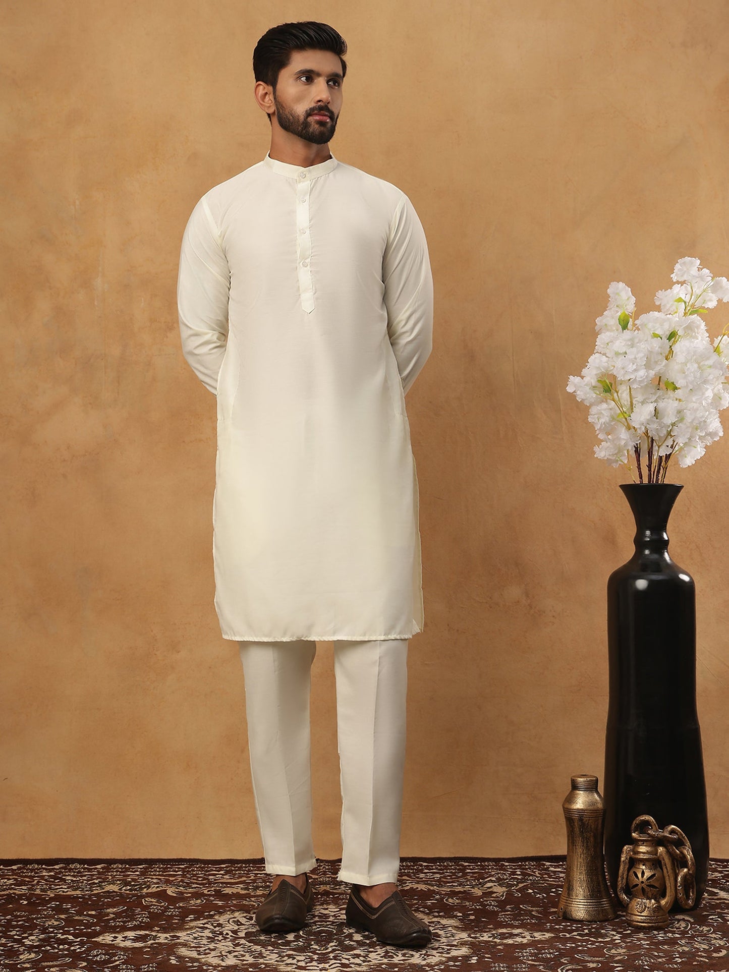 Embroidered Nehru Jacket Set with Solid Kurta Pyjama (65KPWC 592W 4150 Mustard )