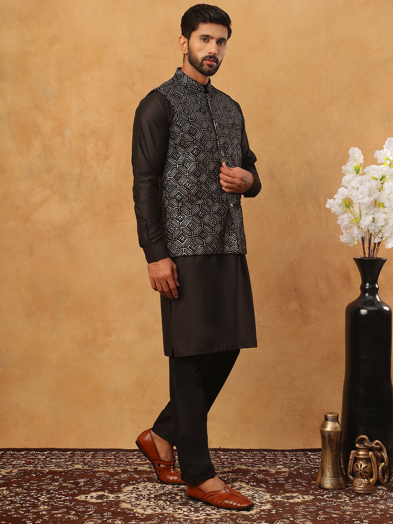 Velvet Embroidered Nehru Jacket Kurta Pyjama Set ( HOPKPWC_592B_7029Black )