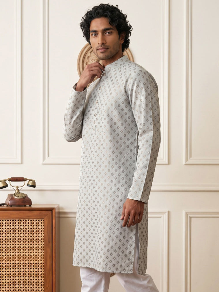 Men's Foil Print Traditional Kurta ( 65KO 5642 White )