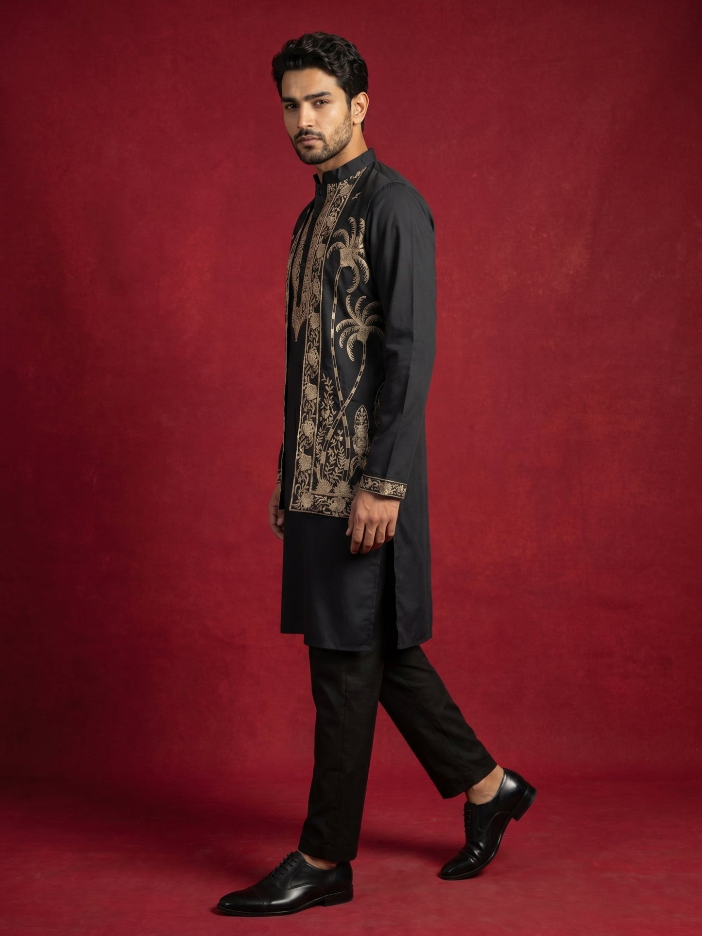 Men's Embroidered Waistcoat and Kurta Pyjama ( JOKPWCS 5080Black )