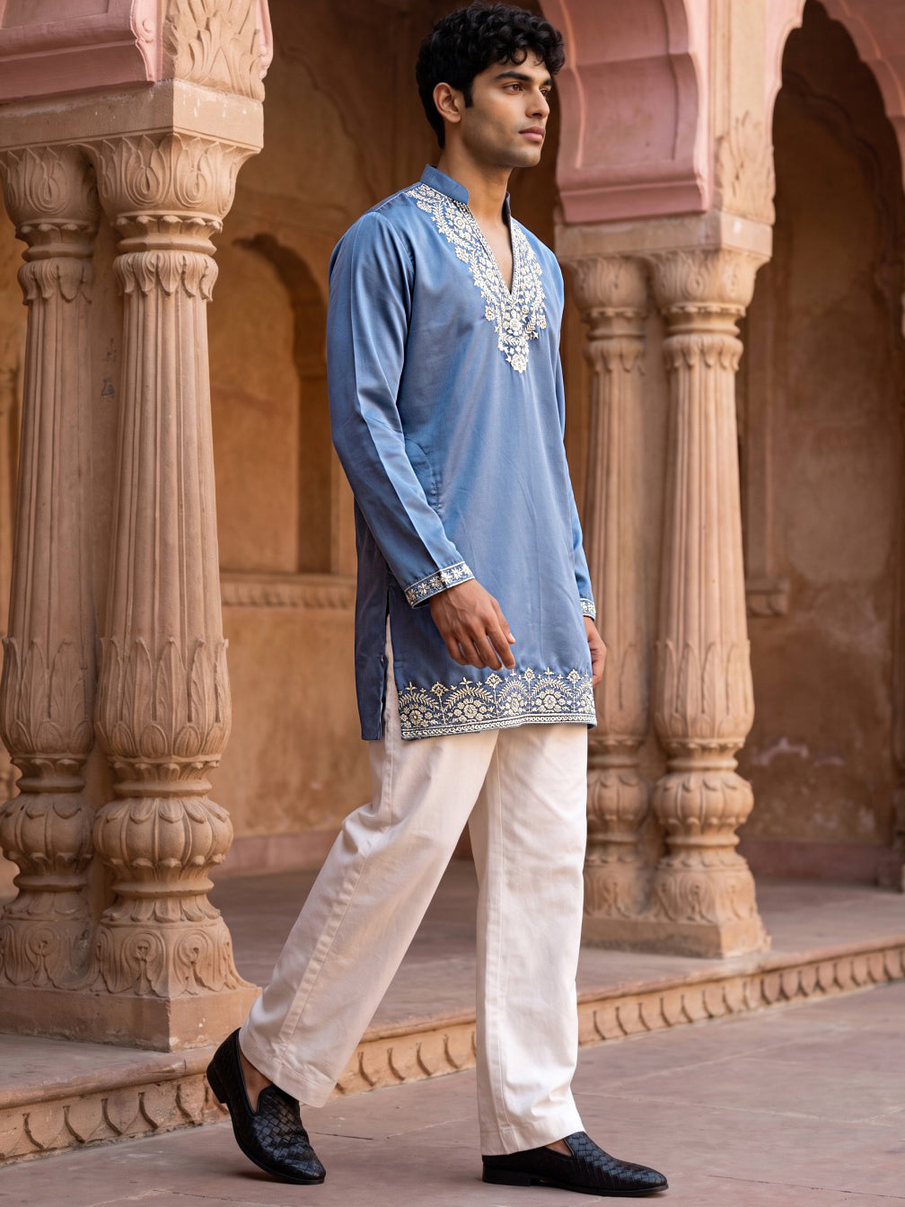Cotton Blend Embroidered Kurta with Korean Pants ( 65KP PJ11W B 5634 Blue )
