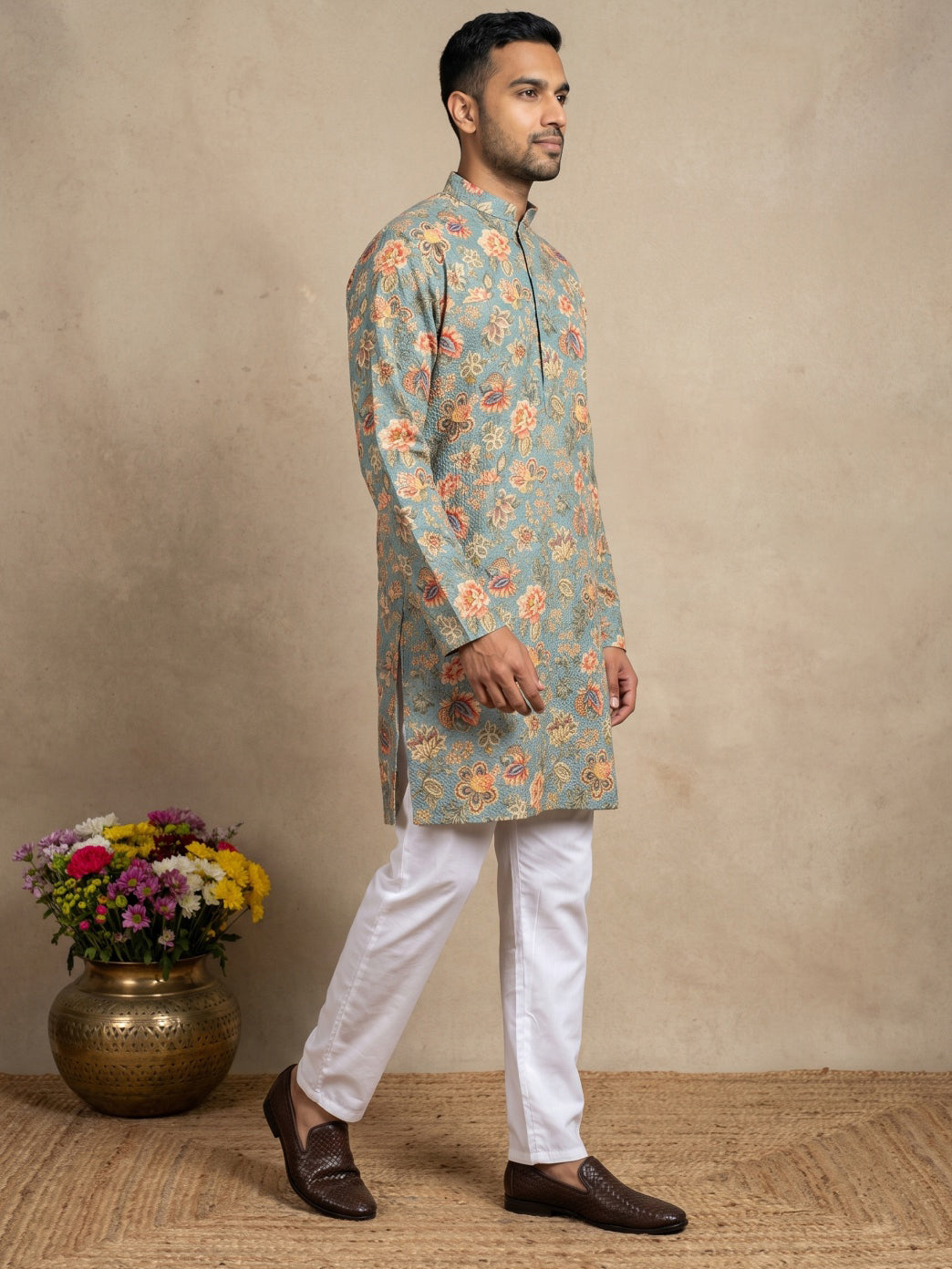 Floral Print & Thread Work Kurta Pyjama Set ( 65KP W P 5631 Blue )