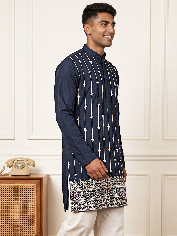 Men's Silk-Blend Embroidered Kurta ( 65KO 5627 Navy )