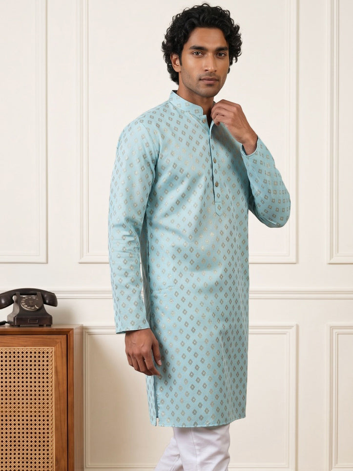 Men's Foil Print Traditional Kurta ( 65KO 5642 Sky )