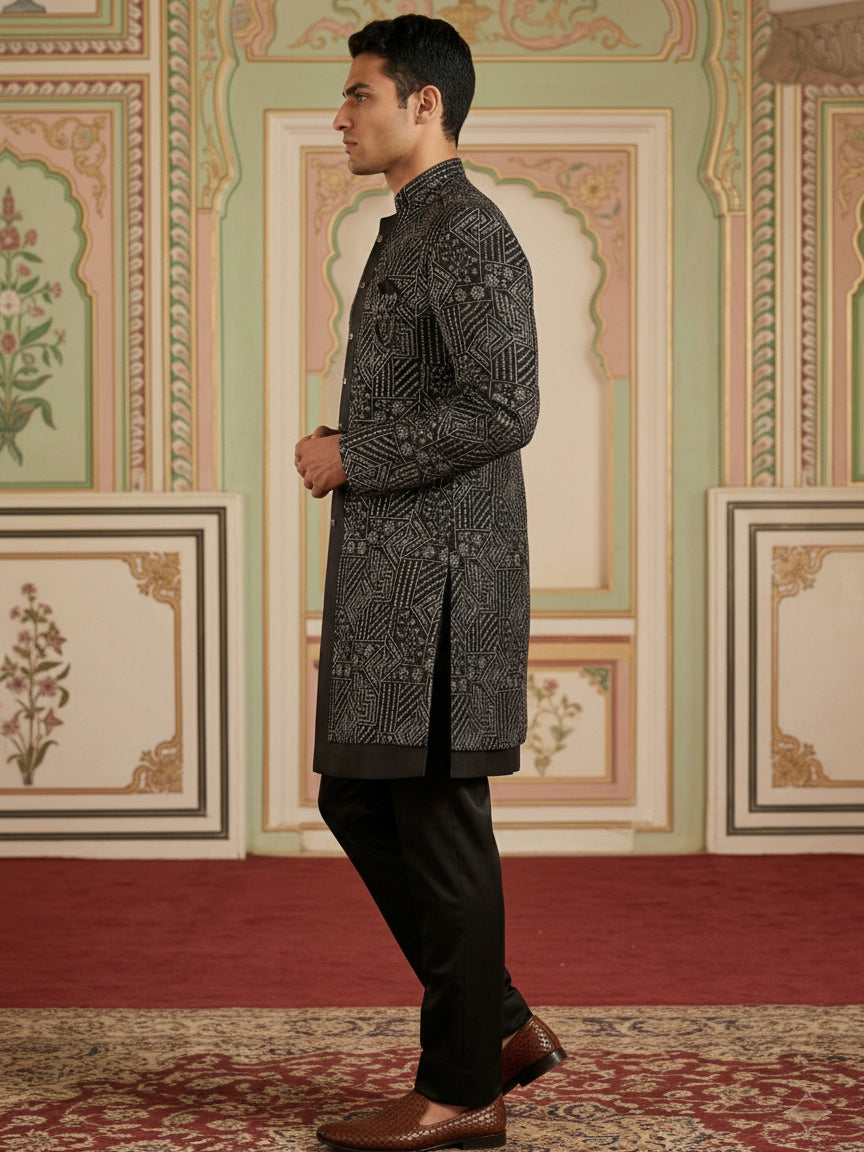 Men Black Embroidered Indo-Western Set ( 50JIND 124Black S )