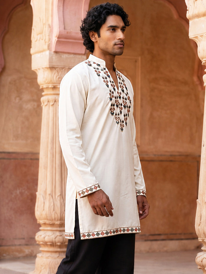 Japanese Fabric Designer Embroidered Kurta ( 65KO 5633 White )