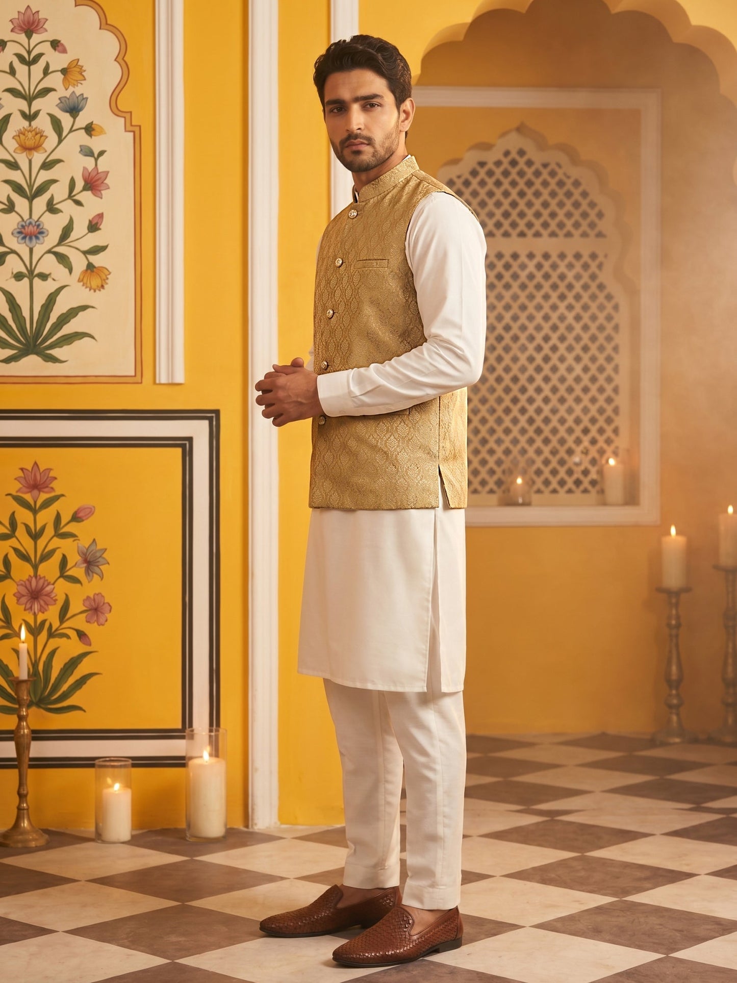 Woven Design Nehru Jacket With Solid Kurta Pyjama for Men ( JOKPWC 636W 4005Golden )