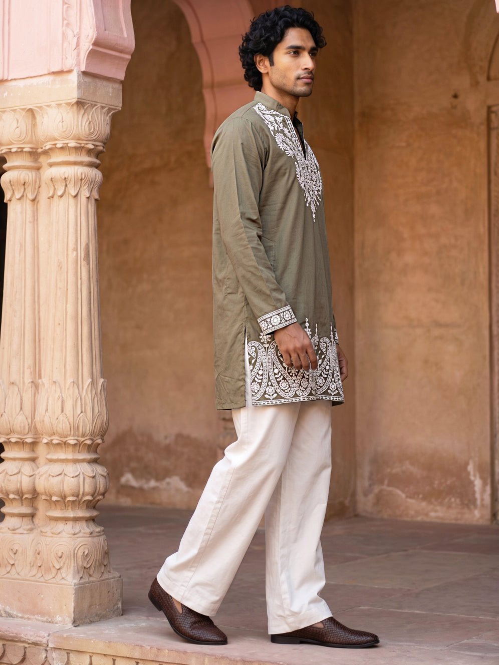 Embroidered Cotton Blend Kurta with Korean Pants ( 65KP PJ11W C 5635 Olive )