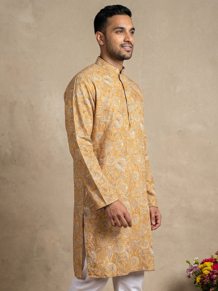 Floral Print & Thread Work Kurta Pyjama Set ( 65KP W P 5640 Mustard )
