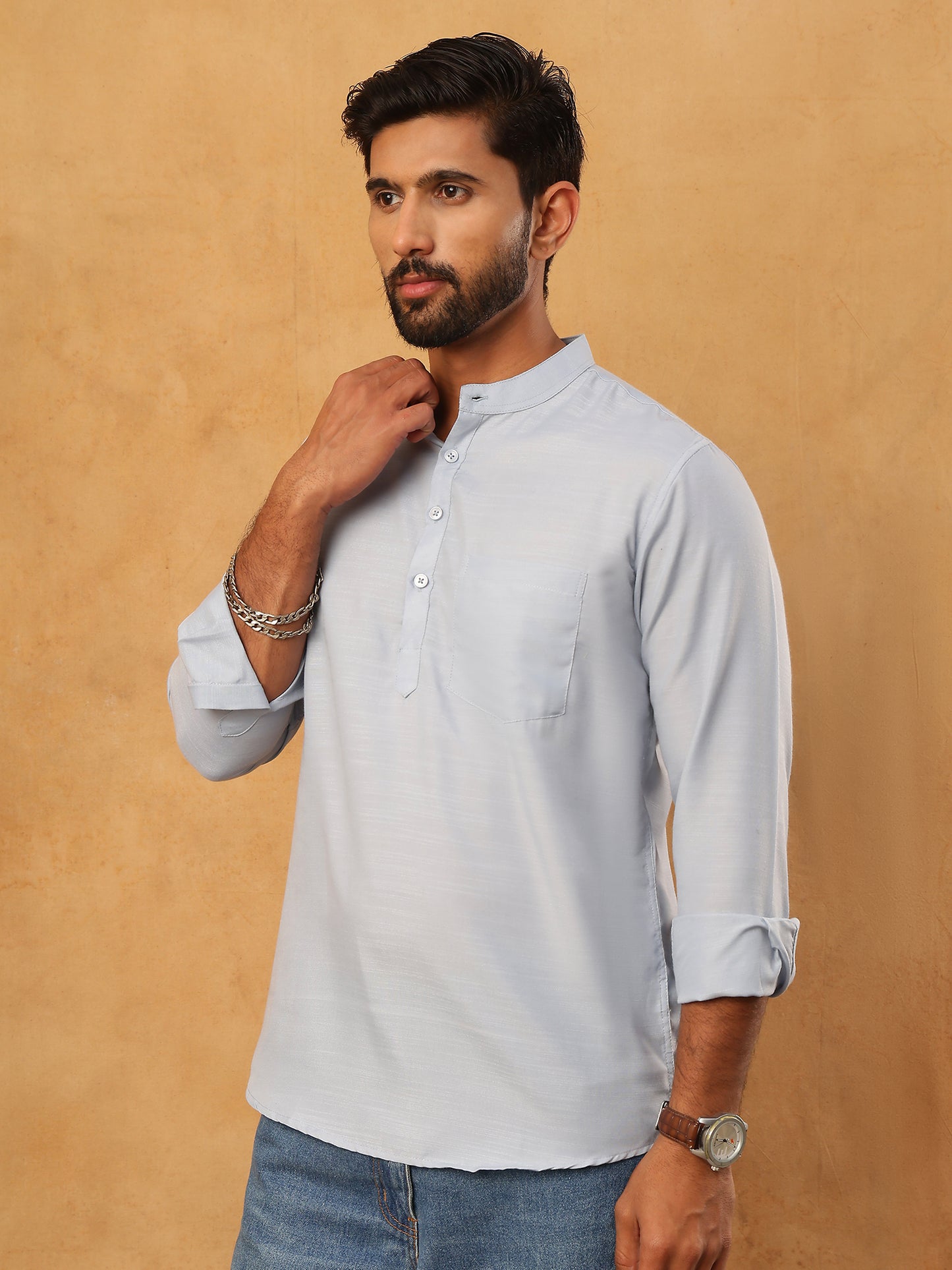 Solid Casual Short Kurta for Men ( ANMKO 304Sky )