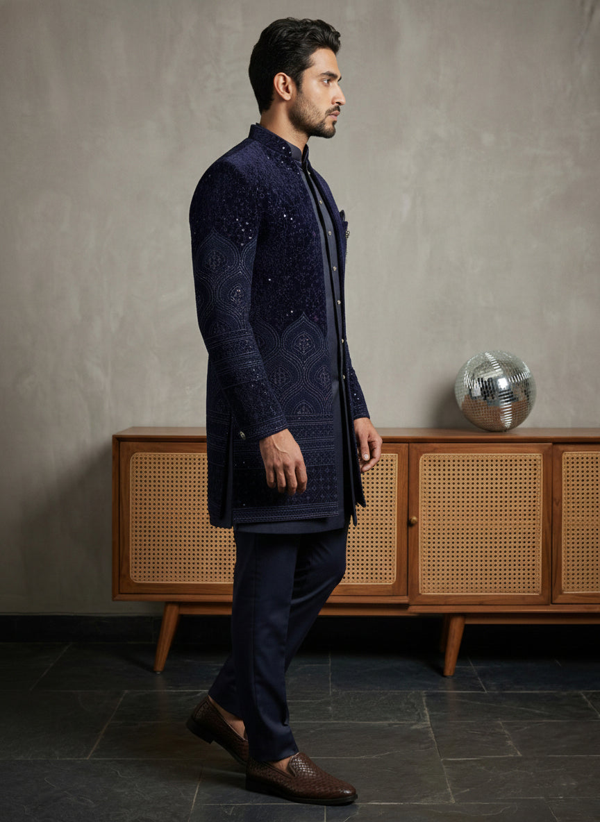Men’s Navy Blue Embroidered Indo-Western Set ( 50JIND 130Navy S )