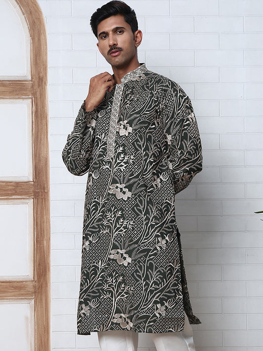 Embroidered Silk-Blend Kurtas ( ANMKO 289Olive )  [RT] [H-5]