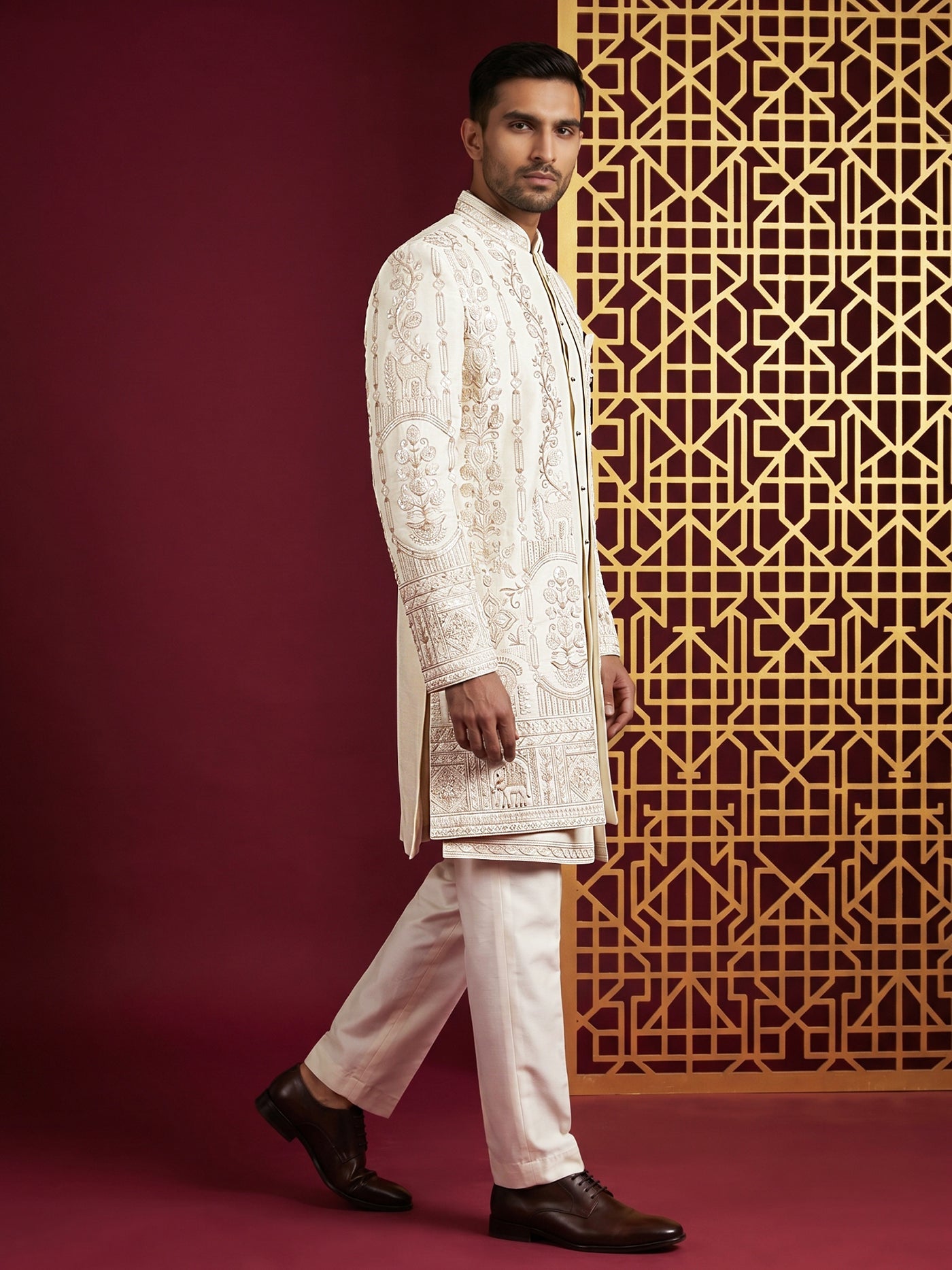 Men's Silk Blend Embroidered Indo-Western Set