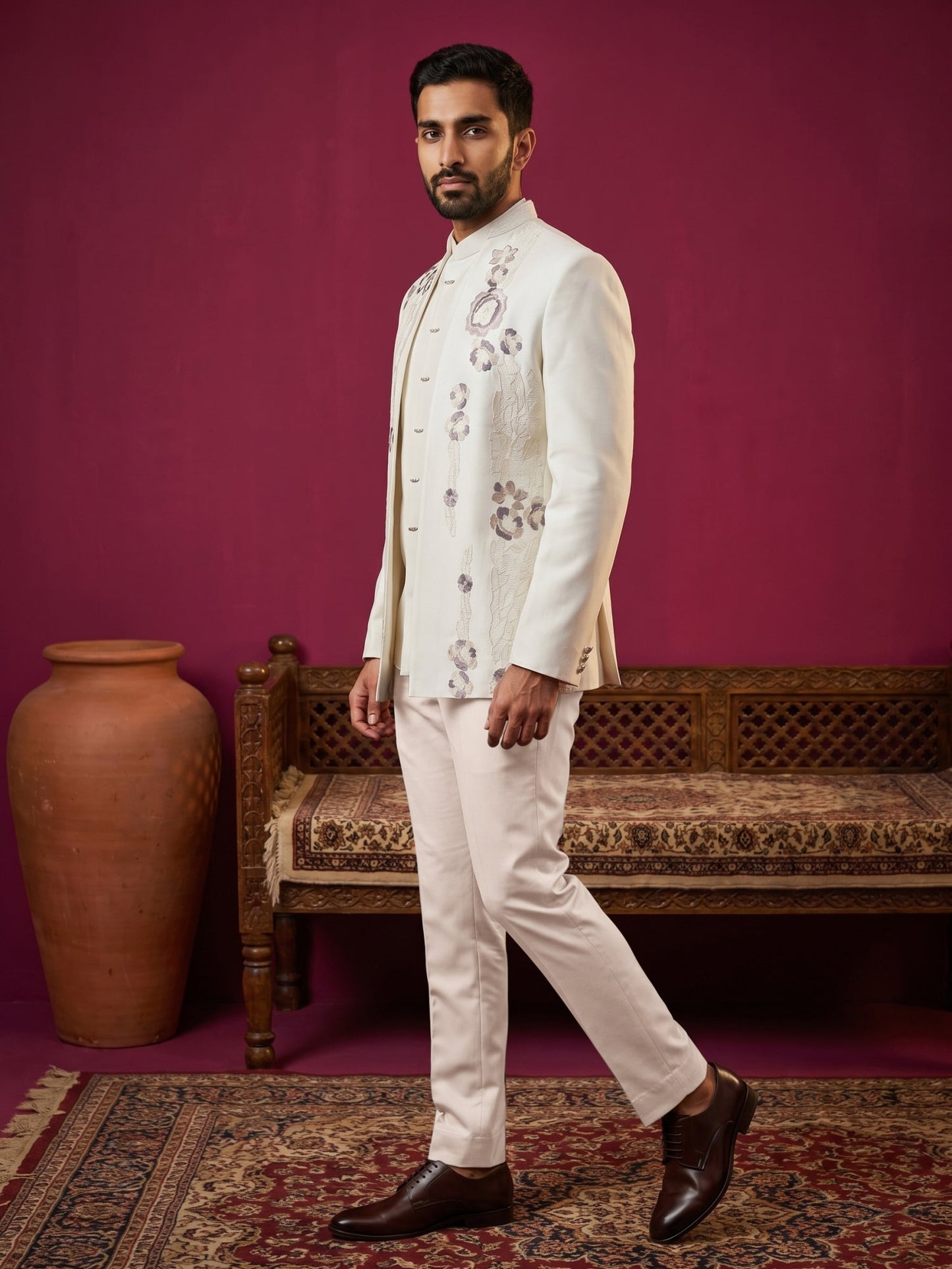 Men Cotton Blend Floral Embroidered Indo-Western Set