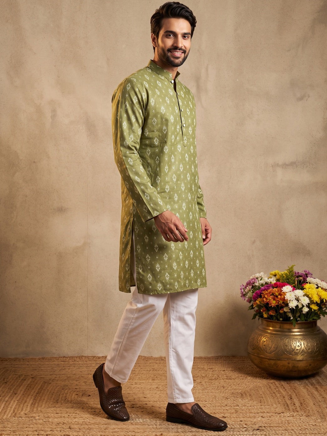 Men's Foil Print Traditional Kurta Pyjama ( 65KP W F 5630 Olive )