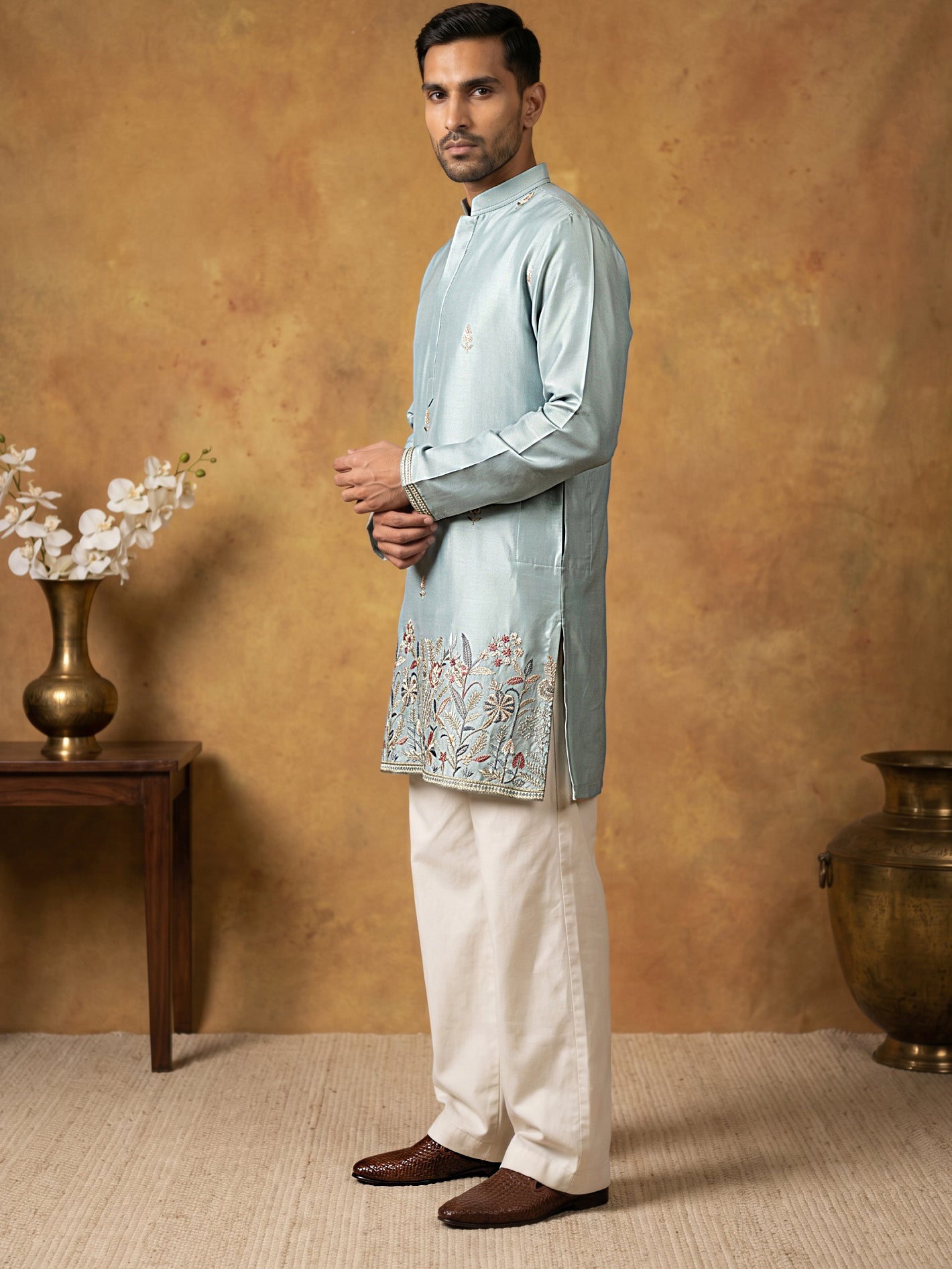 Silk Blend Embroidered Kurta & Korean Pants Set ( 65KP PJ11W 5602Sky ) [FF] [G-4]