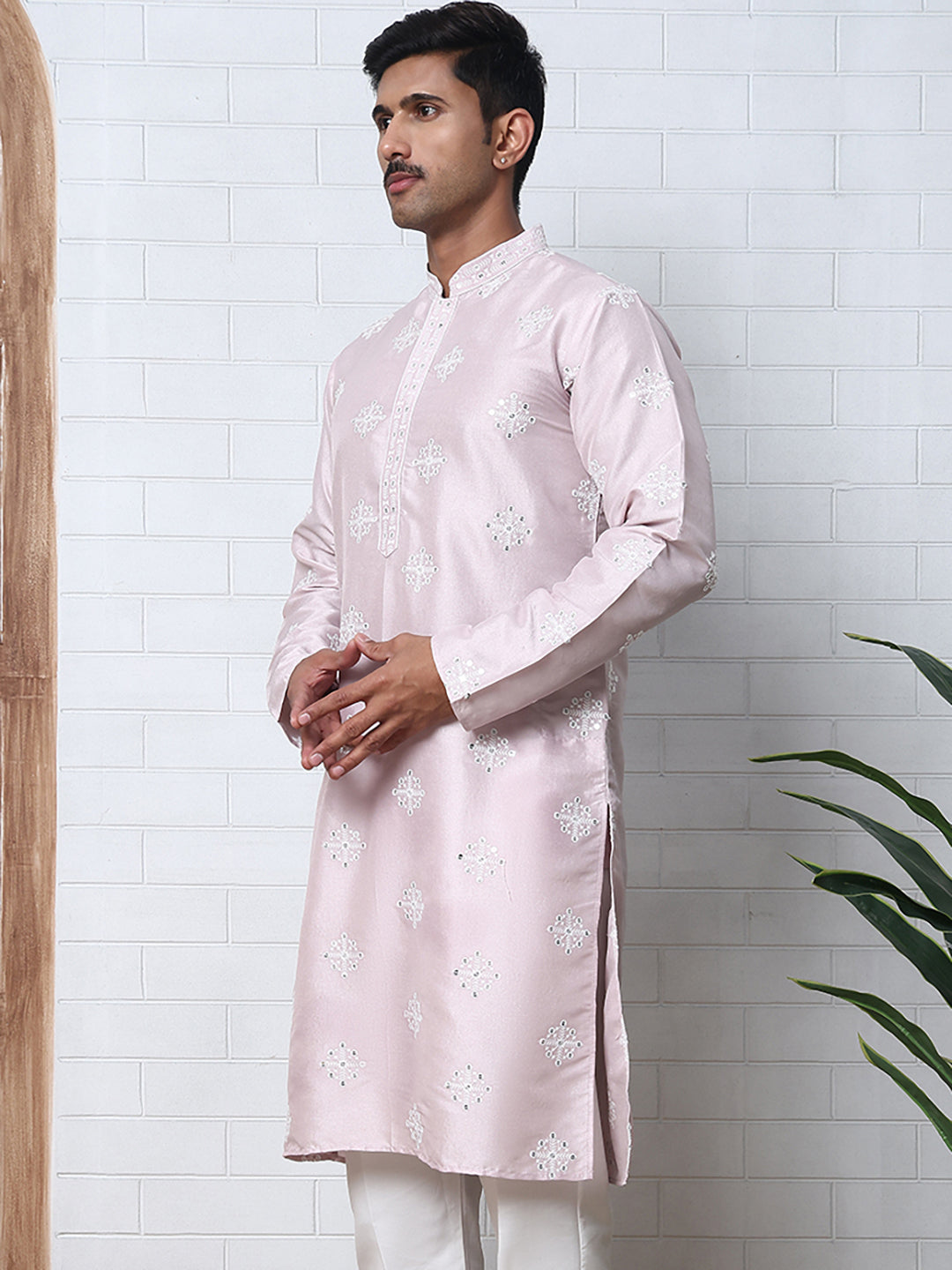 Men's Silk Blend Mirror & Thread Work Kurtas ( ANMKO 287Lavender )  [RT] [D-4]