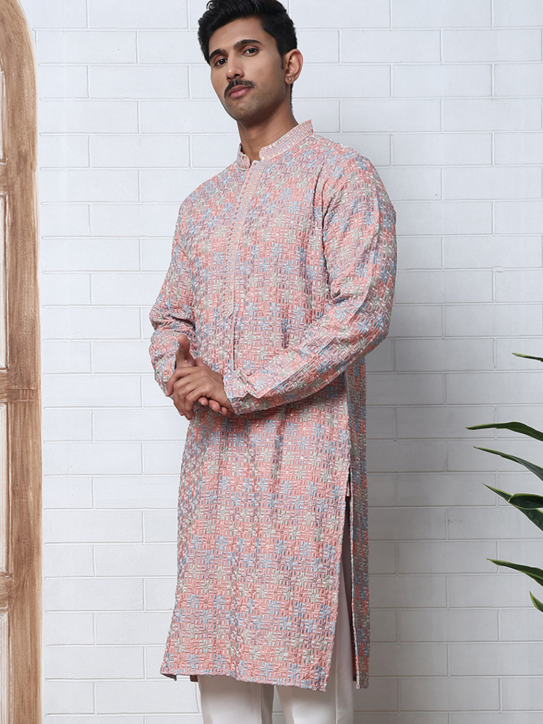 Viscose Rayon Self-Design Embroidered Kurtas ( ANMKO 278Peach )  [RT] [M-6]