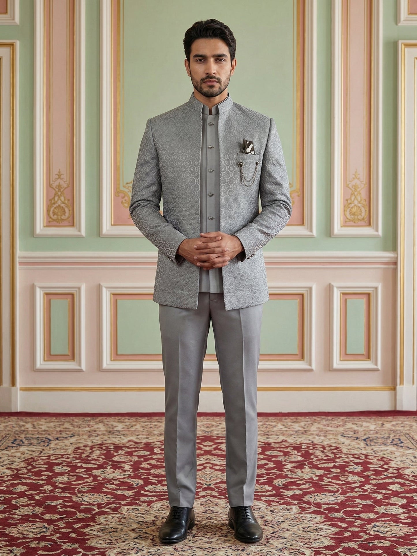 Men Woven Jacquard Indo-Western Set ( 50JIND 155Grey S )