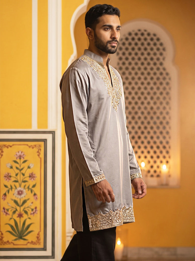 Cotton Blend Embroidered Kurta for Men ( 65KO 5634 Brown )