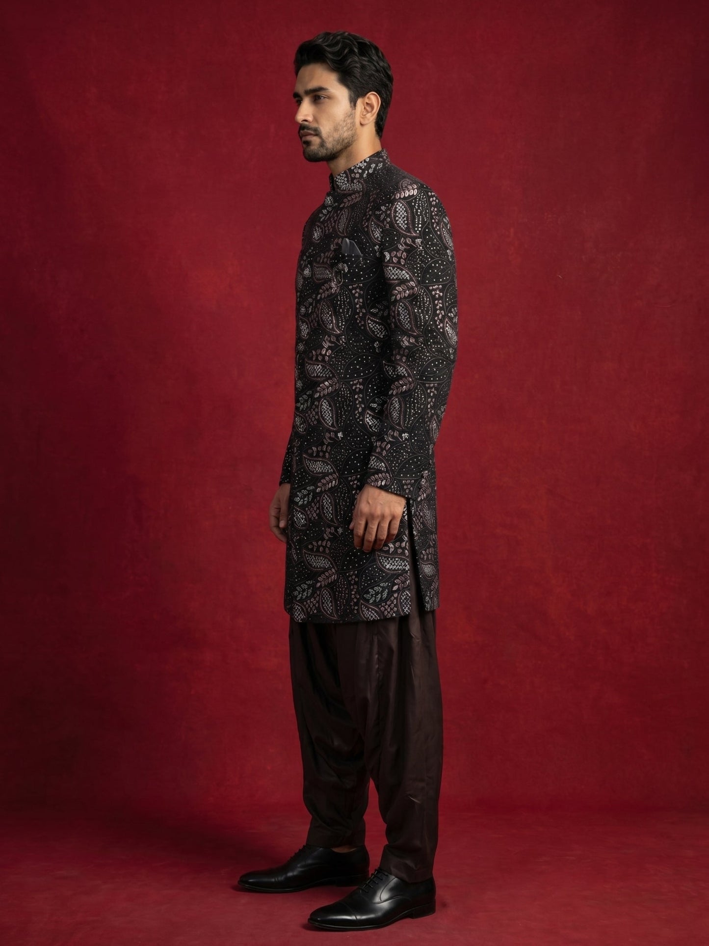 Premium Velvet Embroidered Indo-Western Set ( 50JIND 194Black )