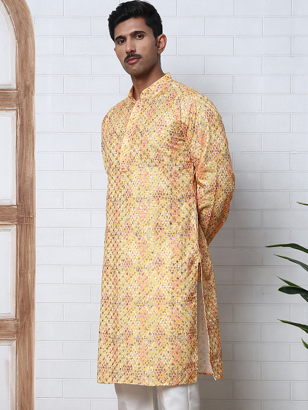 Men's Festive Sequins & Thread Work Kurtas ( ANMKO 288Yellow )  [RT] [C-3]