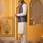 Men's Navy Blue Printed Nehru Jacket With Solid Kurta Pyjama ( JOKPWC 592W 4032Navy )