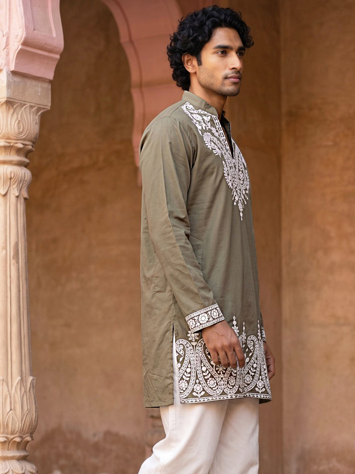 Embroidered Cotton Blend Kurta for Men ( 65KO 5635 Olive )