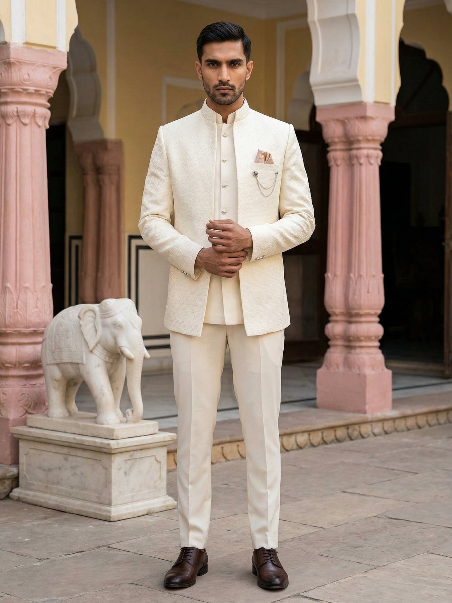 Men Woven Jacquard Indo-Western Set ( 50JIND 155Cream S )