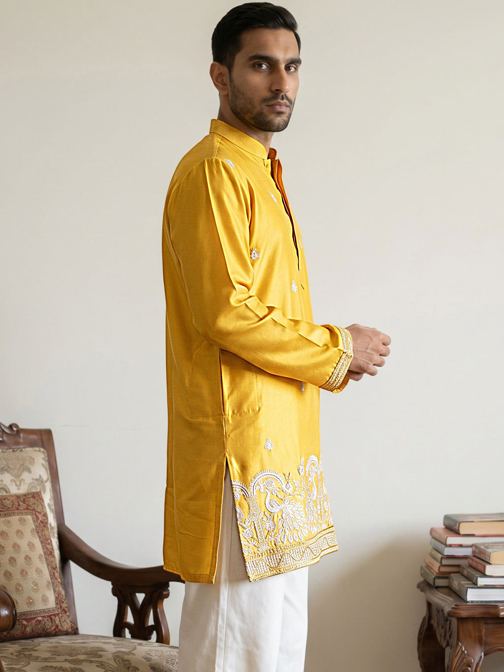 Silk Blend Embroidered Kurta for Men ( 65KO 5600Mustard ) [FF] [G-4]