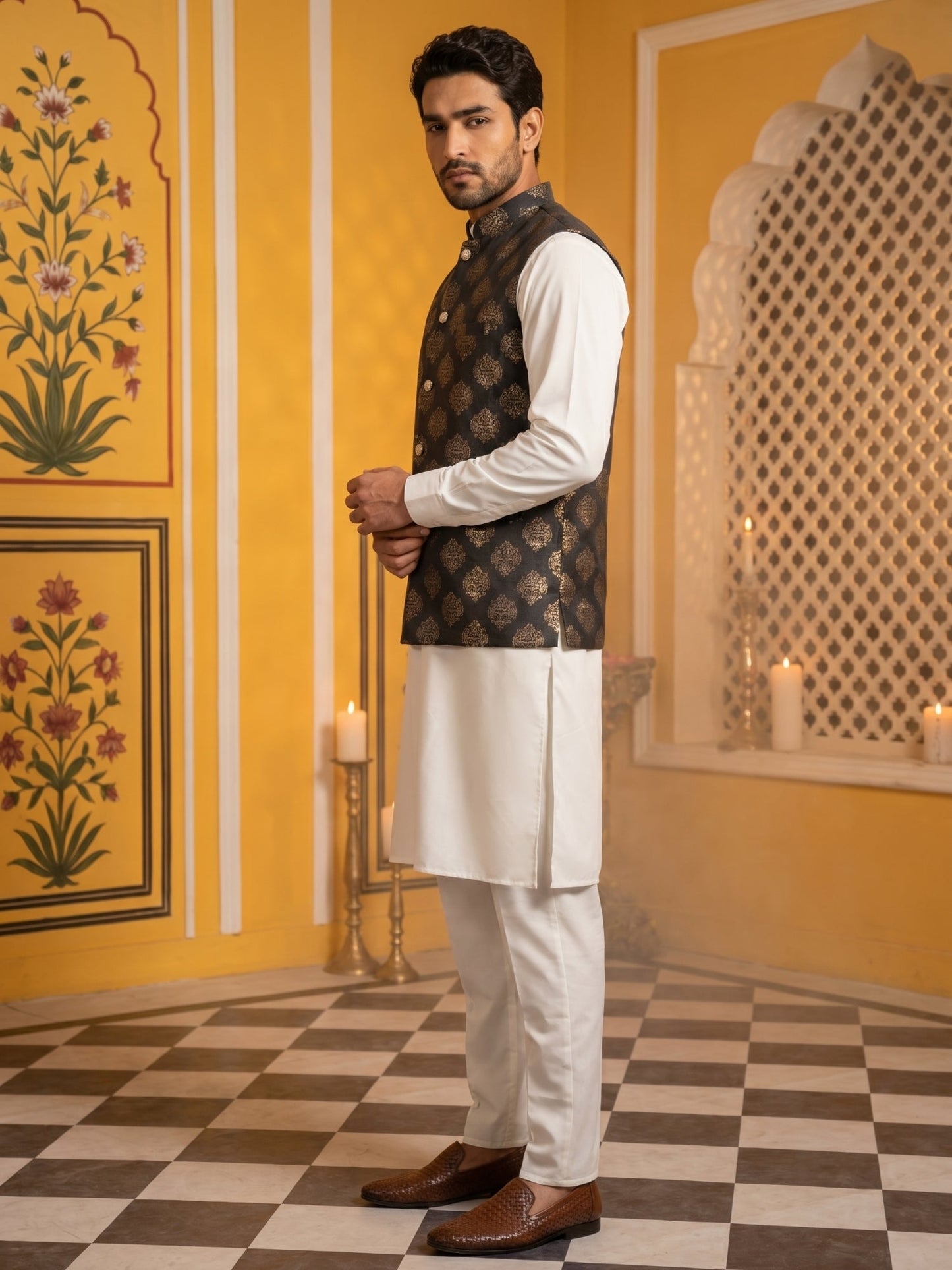 Men's Black Printed Nehru Jacket With Solid Kurta Pyjama ( JOKPWC 592W 4032Black )