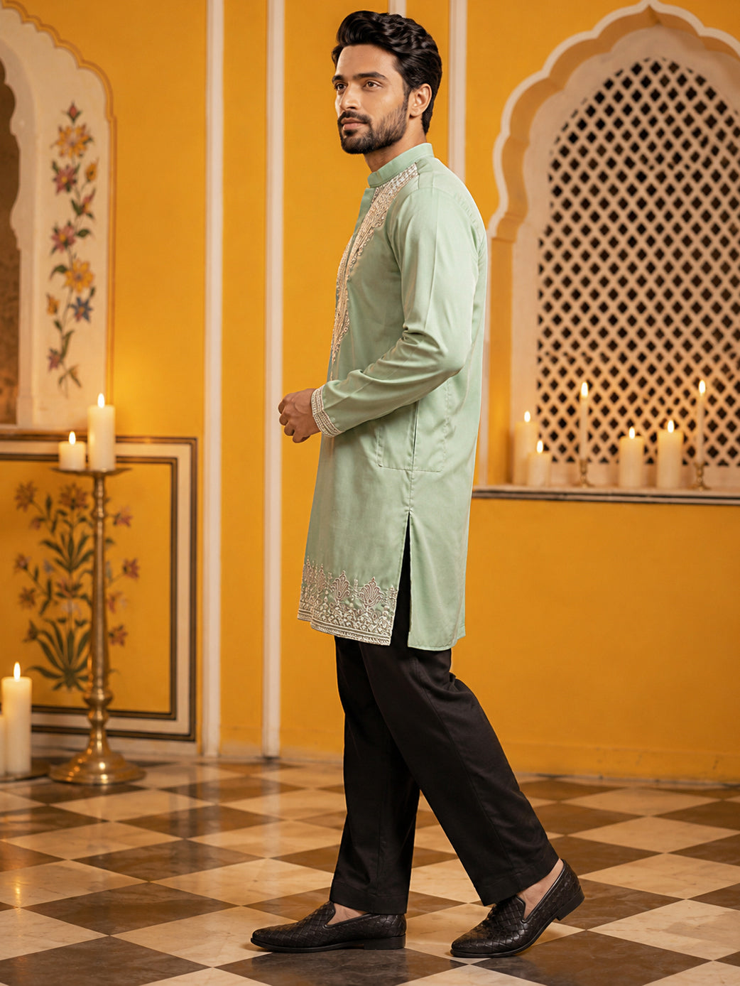 Embroidered Cotton Blend Kurta with Korean Pants ( 65KP PJ11B C 5639 Green )
