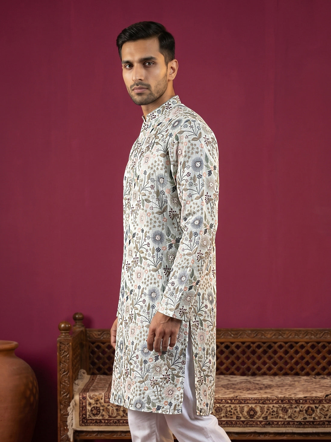 Silk Blend Floral Embroidered Kurta ( KO 5227White )