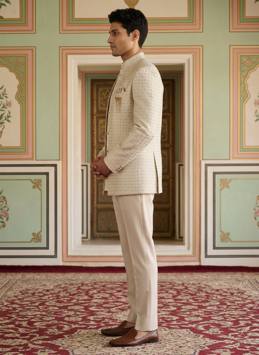Men’s Embroidered Indo-Western Set ( 50JIND 131Cream S )