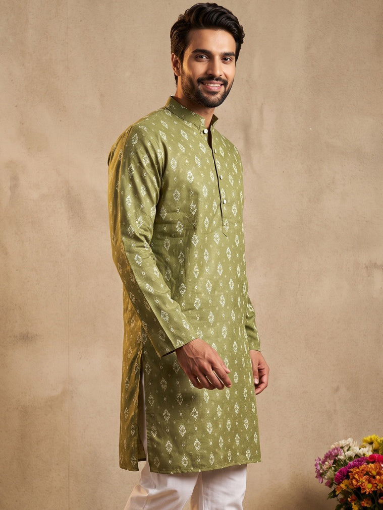 Men's Foil Print Traditional Kurta ( 65KO 5630 Olive )