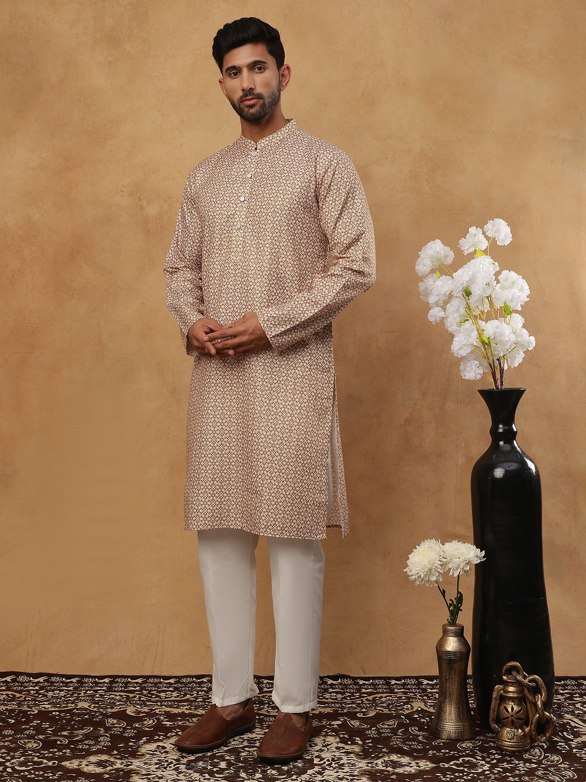 Men’s Cotton Blend Printed Kurta ( HOPKO 018Beige )  [RT] [P-2]