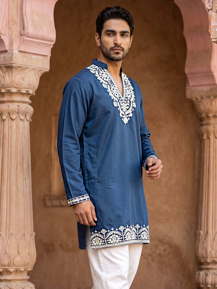 Cotton Blend Embroidered Kurta for Men ( 65KO 5634 Peacock )