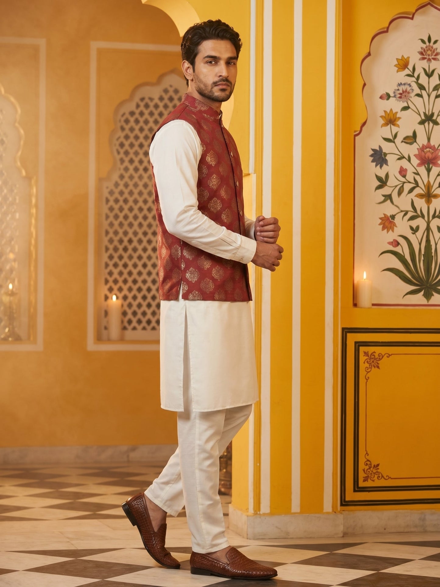 Men's Maroon Printed Nehru Jacket With Solid Kurta Pyjama ( JOKPWC 592W 4032Maroon )