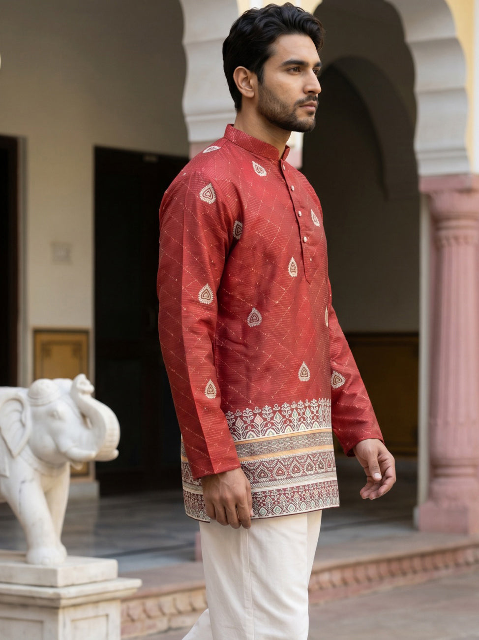 Men's Cotton Blend Printed Kurta ( 65KO 5589Red ) [FF] [H-6]